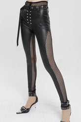 Pantalon punk pour femme en simili cuir noir à fausse pièce double avec coutures en maille